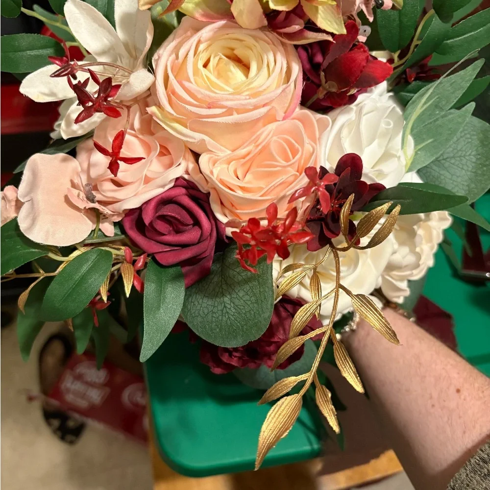 Artificial Rose Bouquet - Cream & Burgundy Floral Arrangement